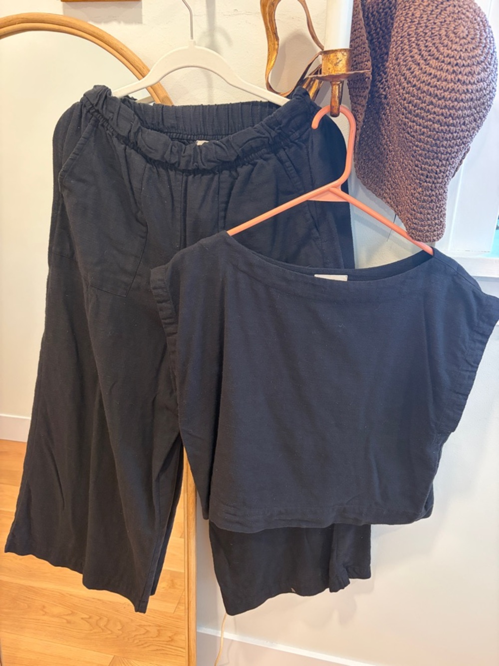 Black Two-Piece Linen Set - Top & Wide Leg Pants